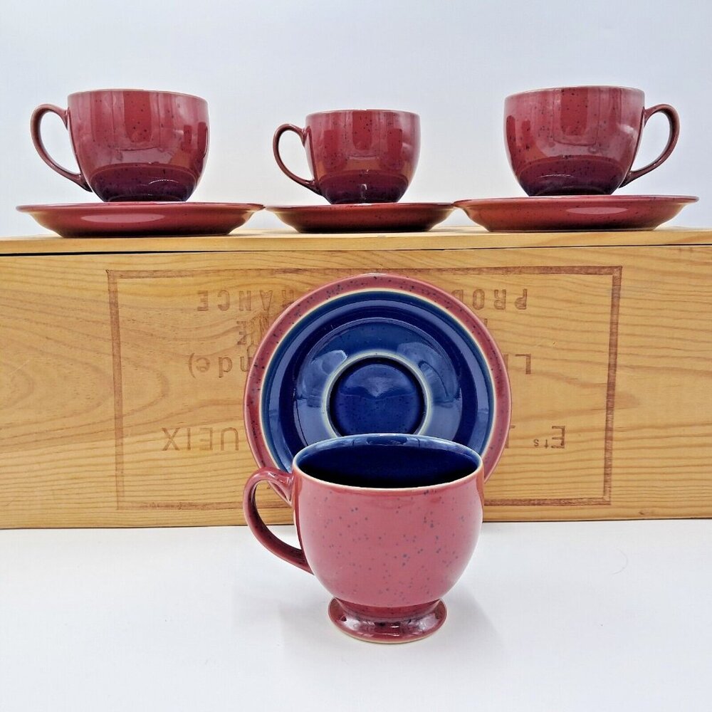 Vintage Denby Potter's Wheel Rust & Blue Tea Cups and Saucers - Set of 4 - MCM